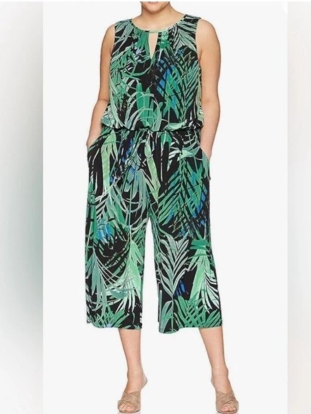 SIZE:16 LONDON TIMES GREEN&BLACK PALM LEAF PATTERN SLVLSS JUMPSUIT
